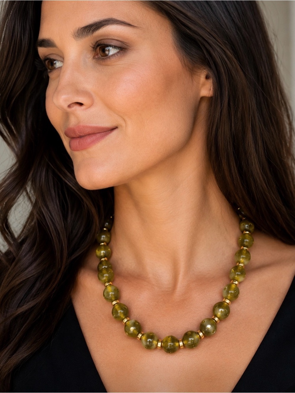 Vintage YSL Yves Saint Laurent Olive Green Bubble Bead Necklace Gold Tone 18"